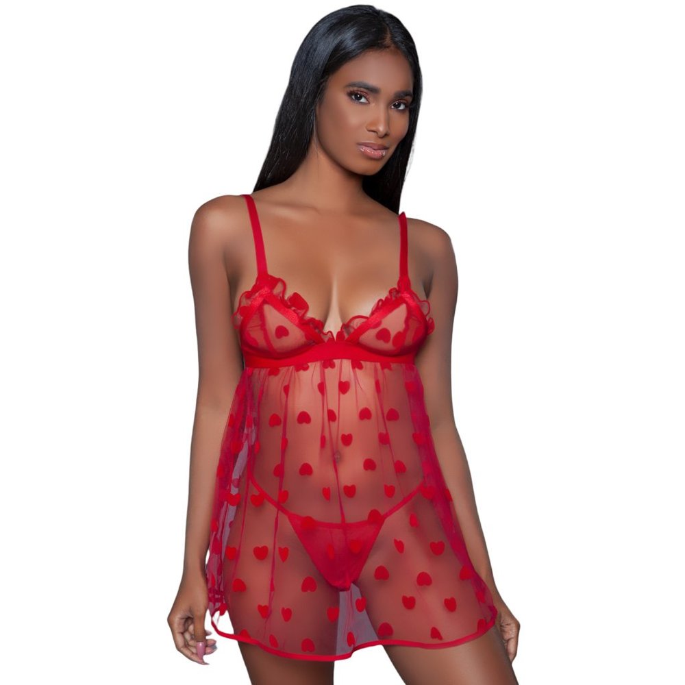 Heart Pattern Sheer Babydoll and G-String Set